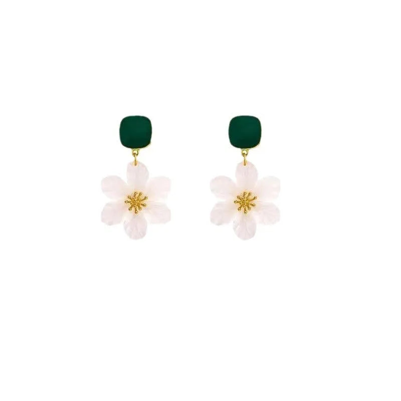 Dark green floral drop earrings with sterling silver finish and needle flowers design