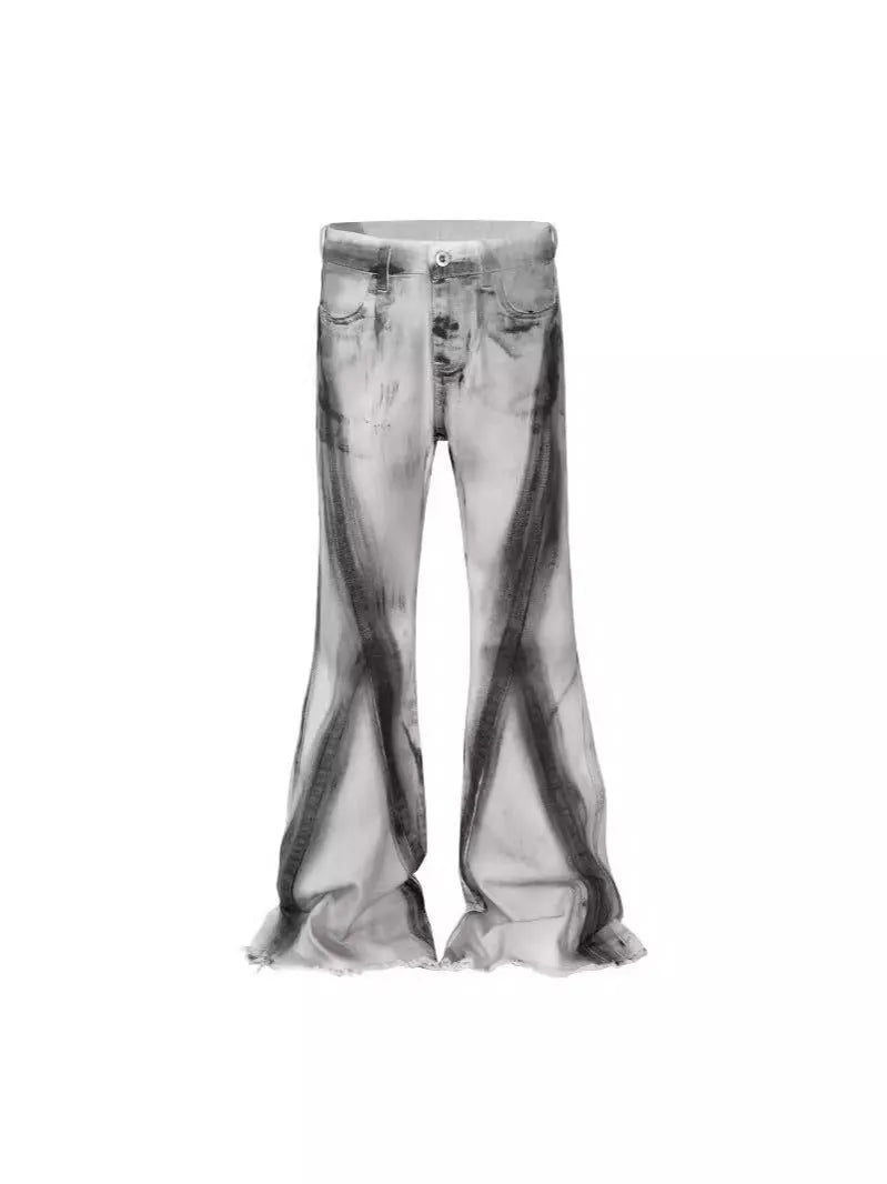 Retro heavy rough selvedge jeans with black ribbon gradient wash on white denim