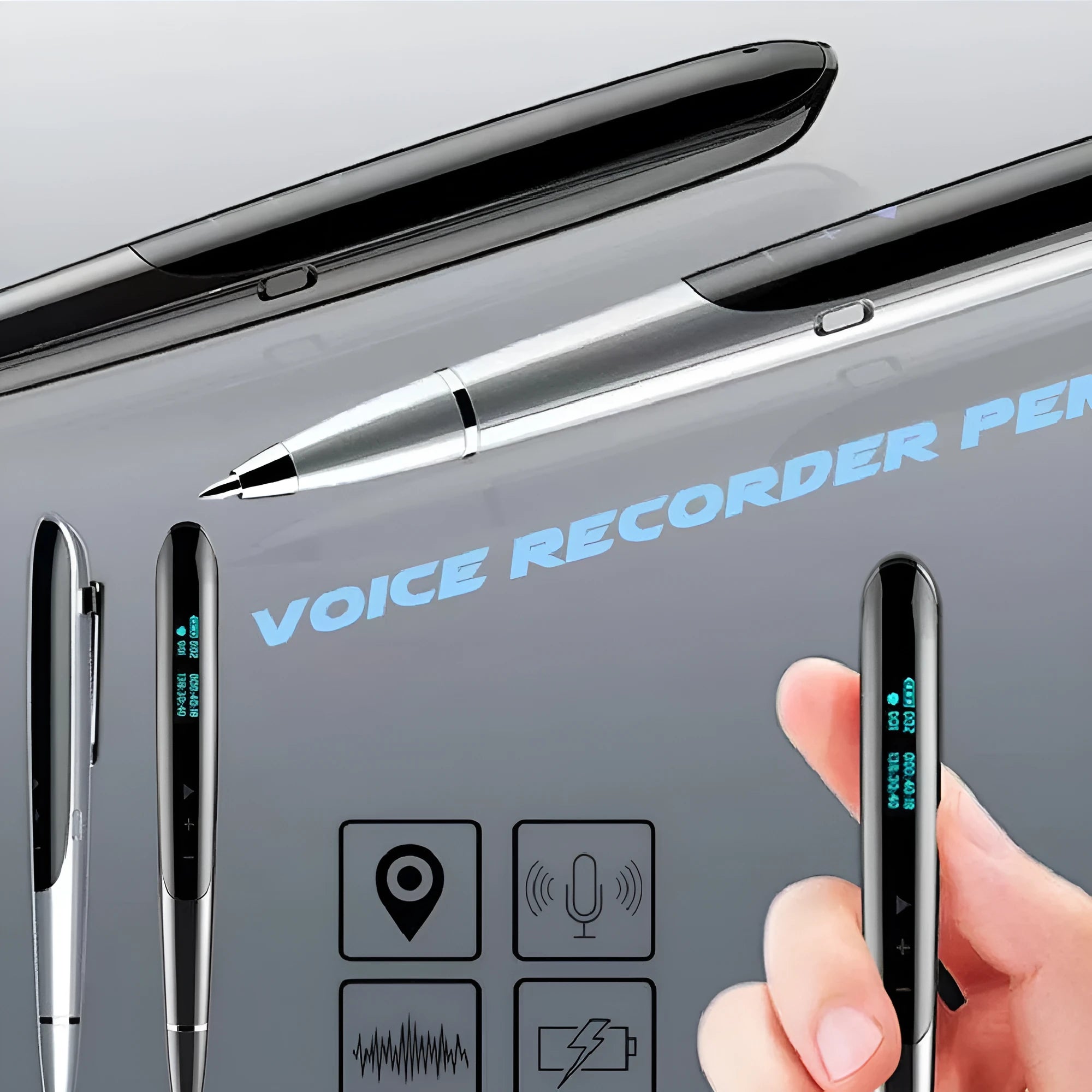 Black digital voice recorder pen with OLED display screen showing recording time, next to data cable and headphones
