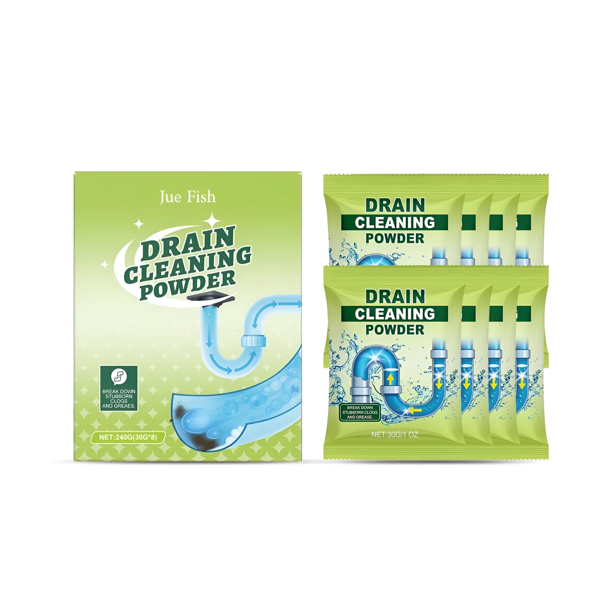 Professional drain cleaning powder 240g pack with eight 30g sachets for blocked kitchen bathroom pipes