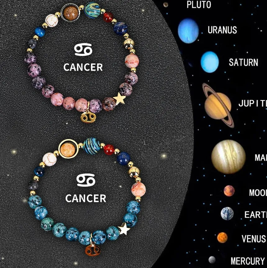 Natural stone beaded bracelet with a zodiac charm on an adjustable cord.