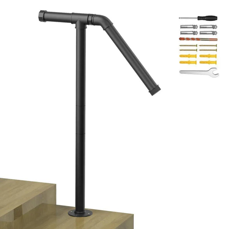 Black metal ladder support bracket for stairs in a minimalist American design.