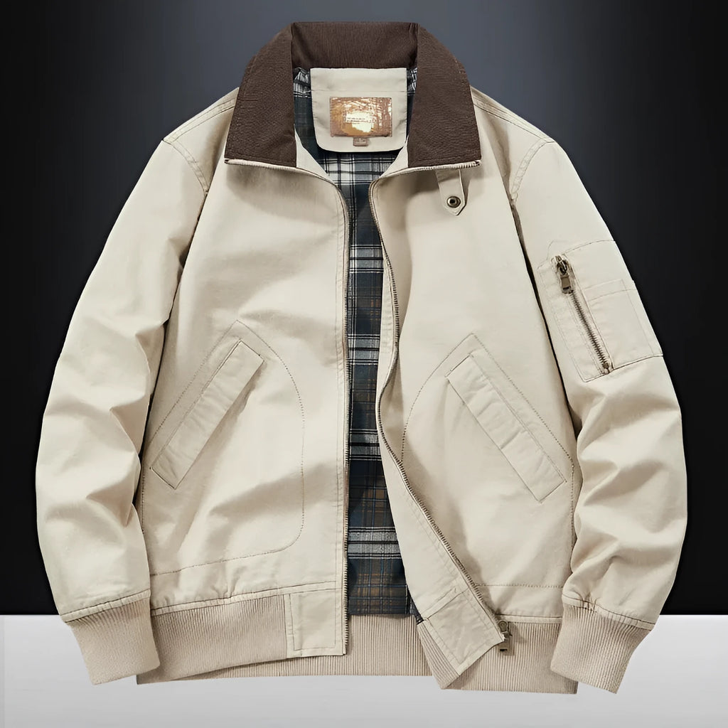 Men's plus size washed cotton baseball flight jacket in army green.