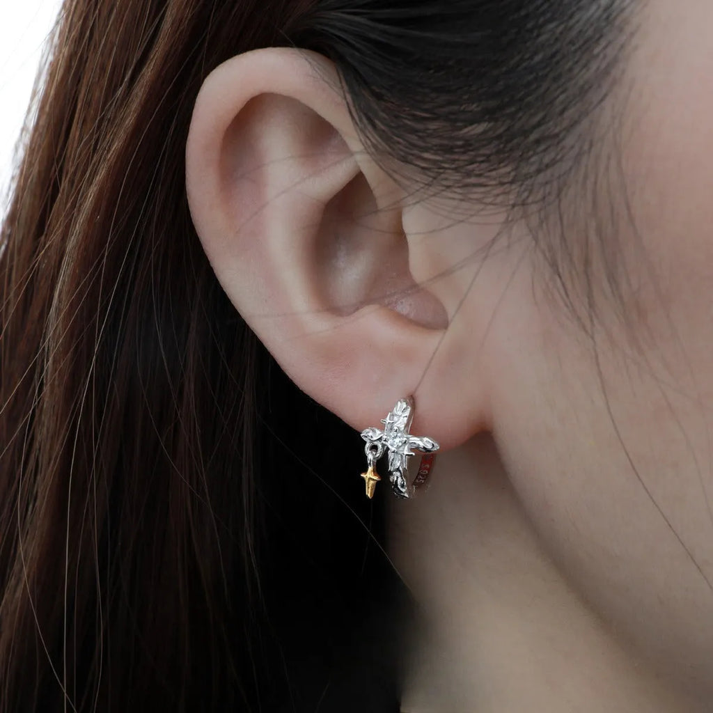 925 sterling silver cross earrings with geometric design and white gold colour finish