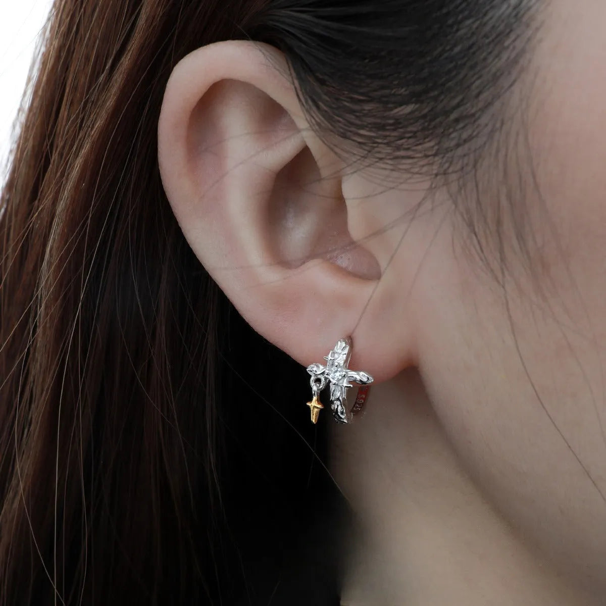 925 sterling silver cross earrings with geometric design and white gold colour finish