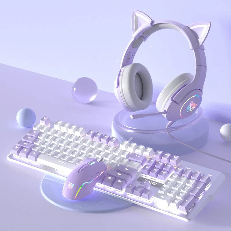 Purple and white mechanical keyboard and mouse wired gaming bundle with backlit keys