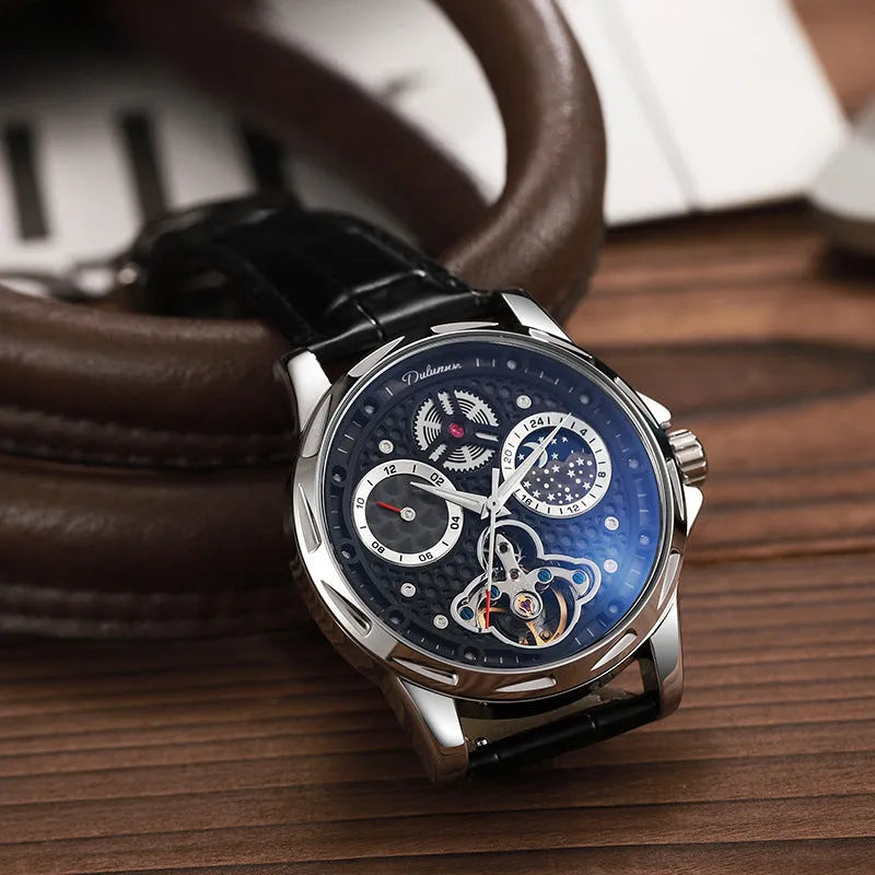 Men's automatic waterproof watch with luminous hands on a steel bracelet, showing a black dial in a 13mm thick case.