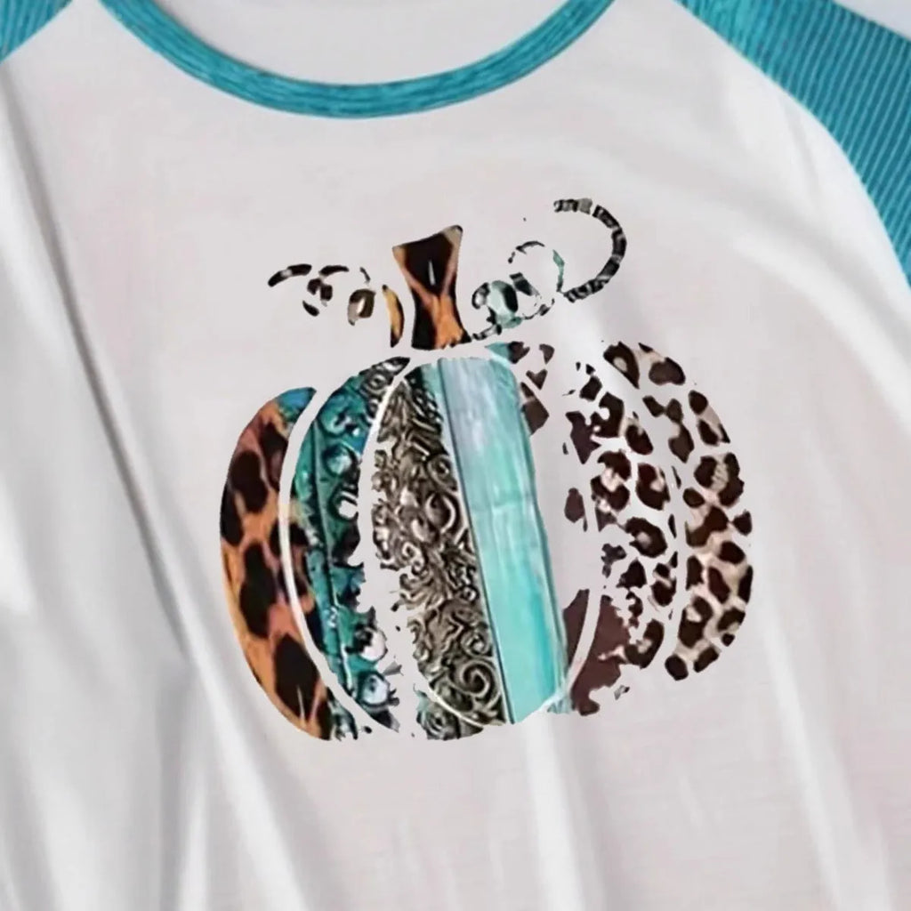 Sky blue Halloween T-shirt with 3D digital printed pumpkin design, long sleeves, regular fit