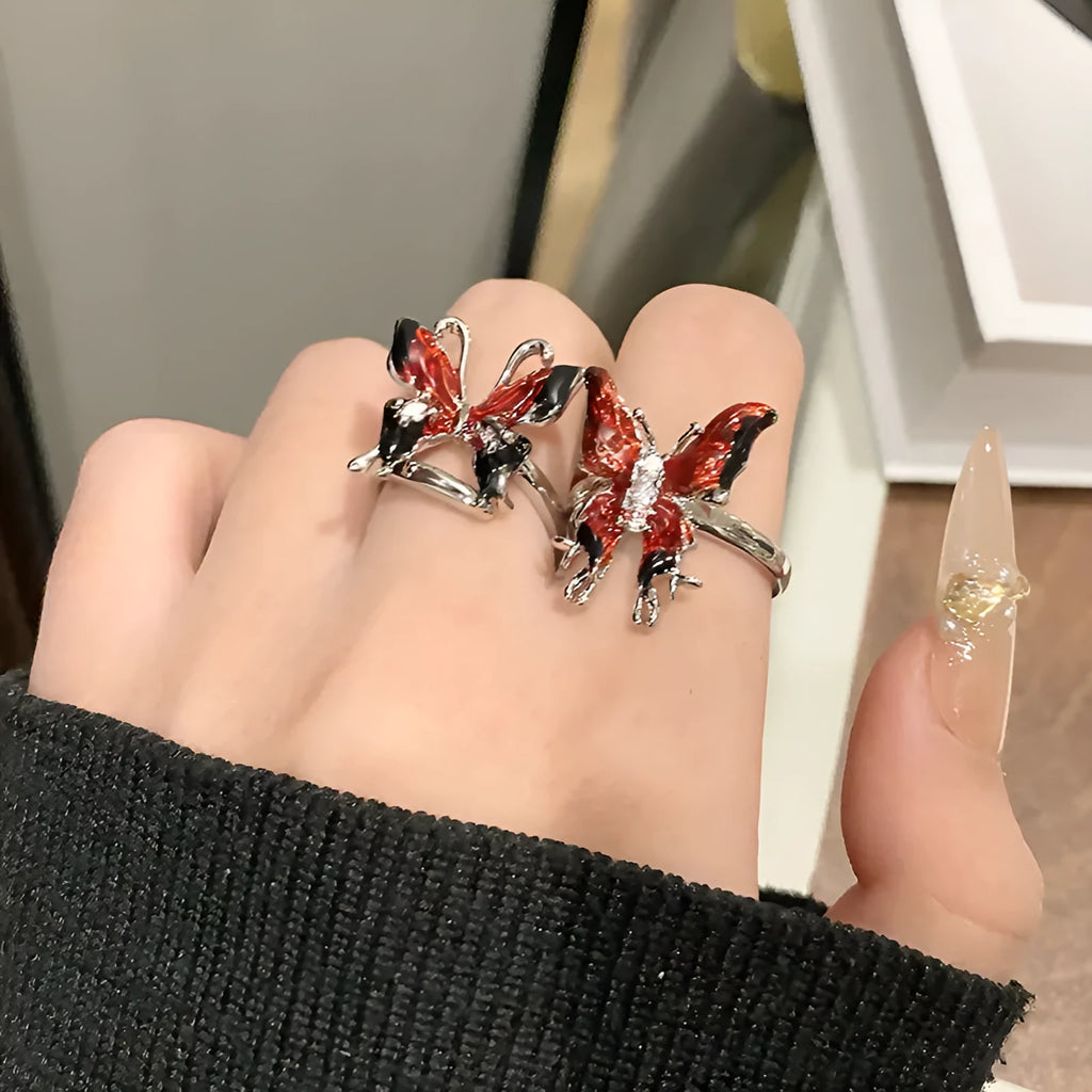 Copper butterfly women's ring with creative Chinese design and dripping oil finish
