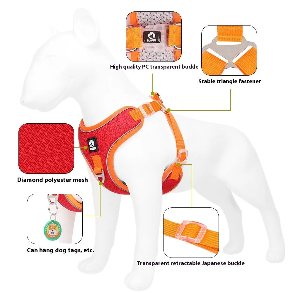 Adjustable breathable mesh dog harness with reflective piping in black, red, gray, or light purple