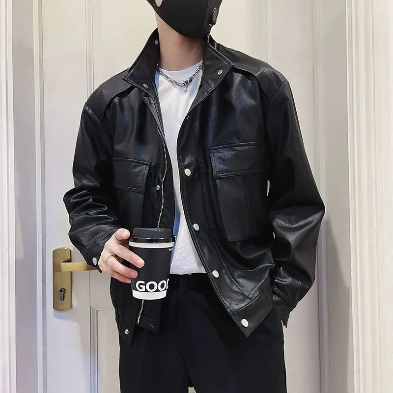 Men's black Korean-style straight hem PU leather jacket with side seam pockets