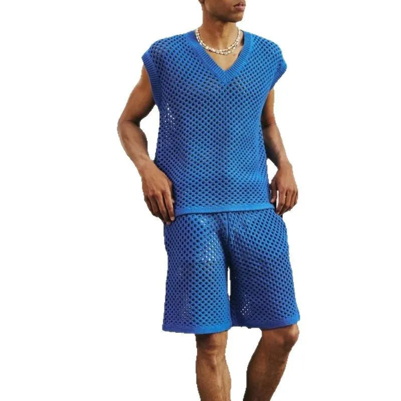 Men's blue cotton polyester vest shorts set for sports with v-neck sleeveless top