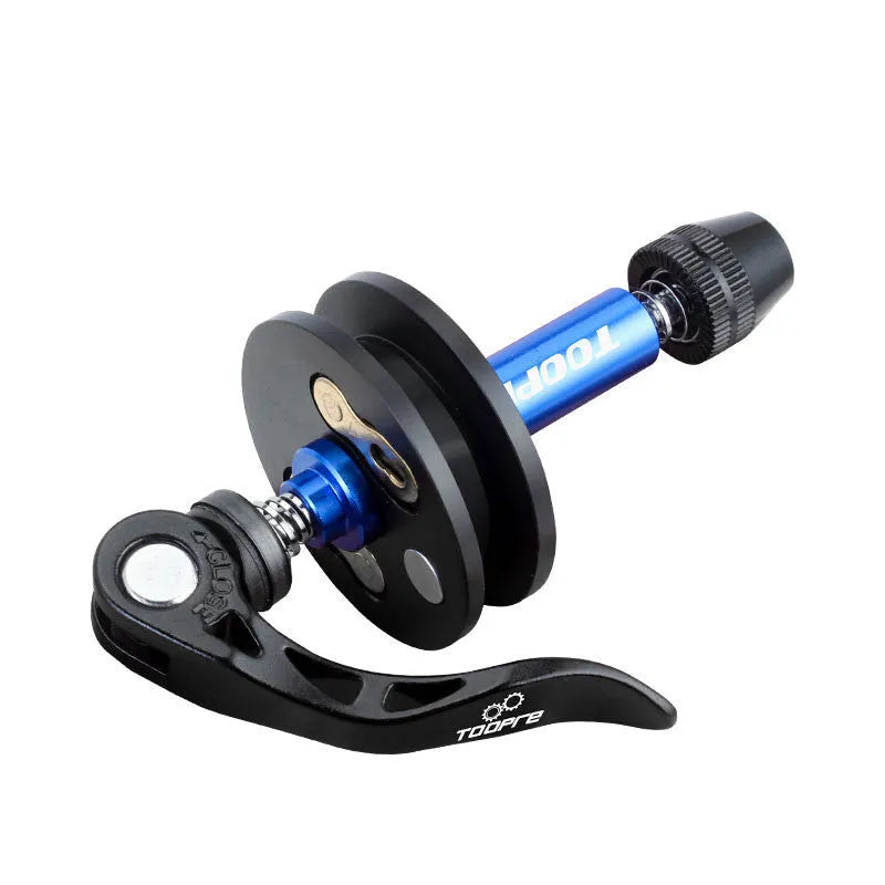 Aluminium alloy bicycle chain holder tool for maintenance, shown in barrel shaft, basic, and quick release versions.