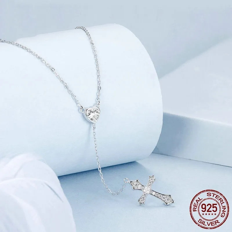 925 sterling silver love cross pendant necklace on O-ring chain, colour BSN384