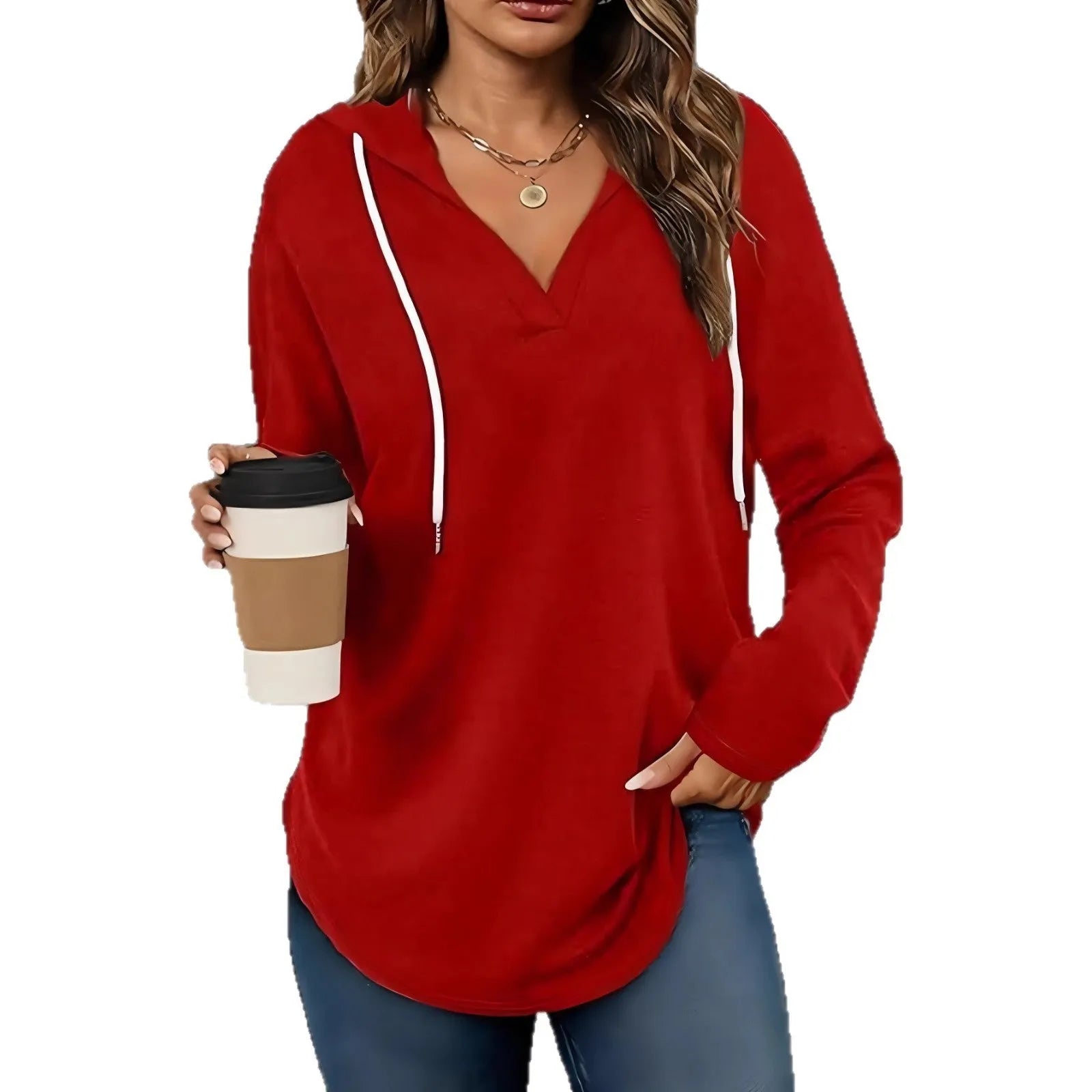 Red women's hooded V-neck sweatshirt with long sleeves on a hanger