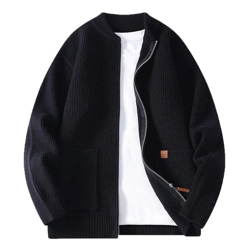 Men's straight-cut striped cardigan in a polyvinyl alcohol fibre blend, shown in beige colour.