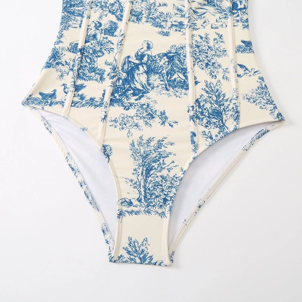 Blue patterned one-piece swimsuit for women with optional matching gauze skirt in polyester fabric