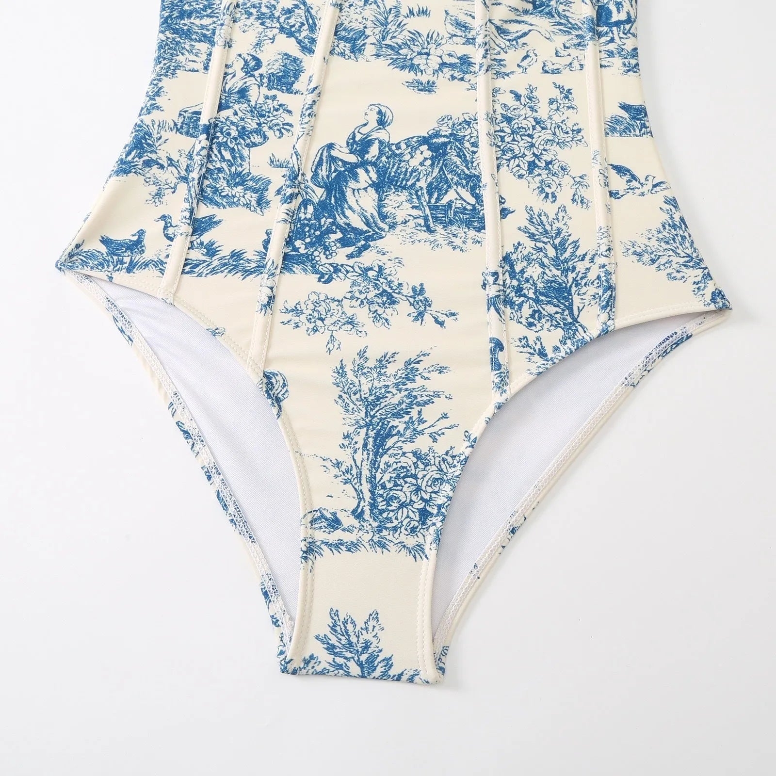 Blue patterned one-piece swimsuit for women with optional matching gauze skirt in polyester fabric
