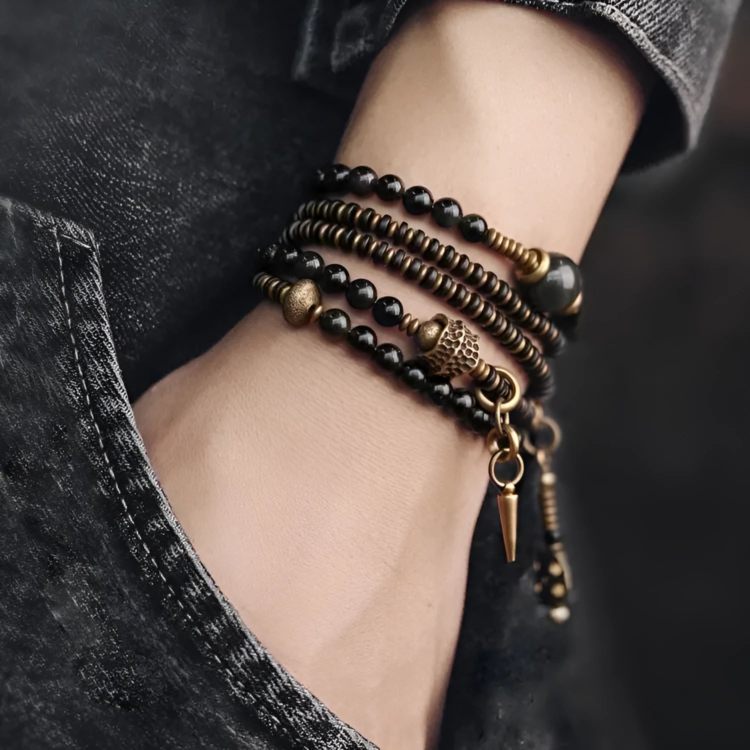 Black geometric layered beaded bracelet with adjustable sizing for unisex wear