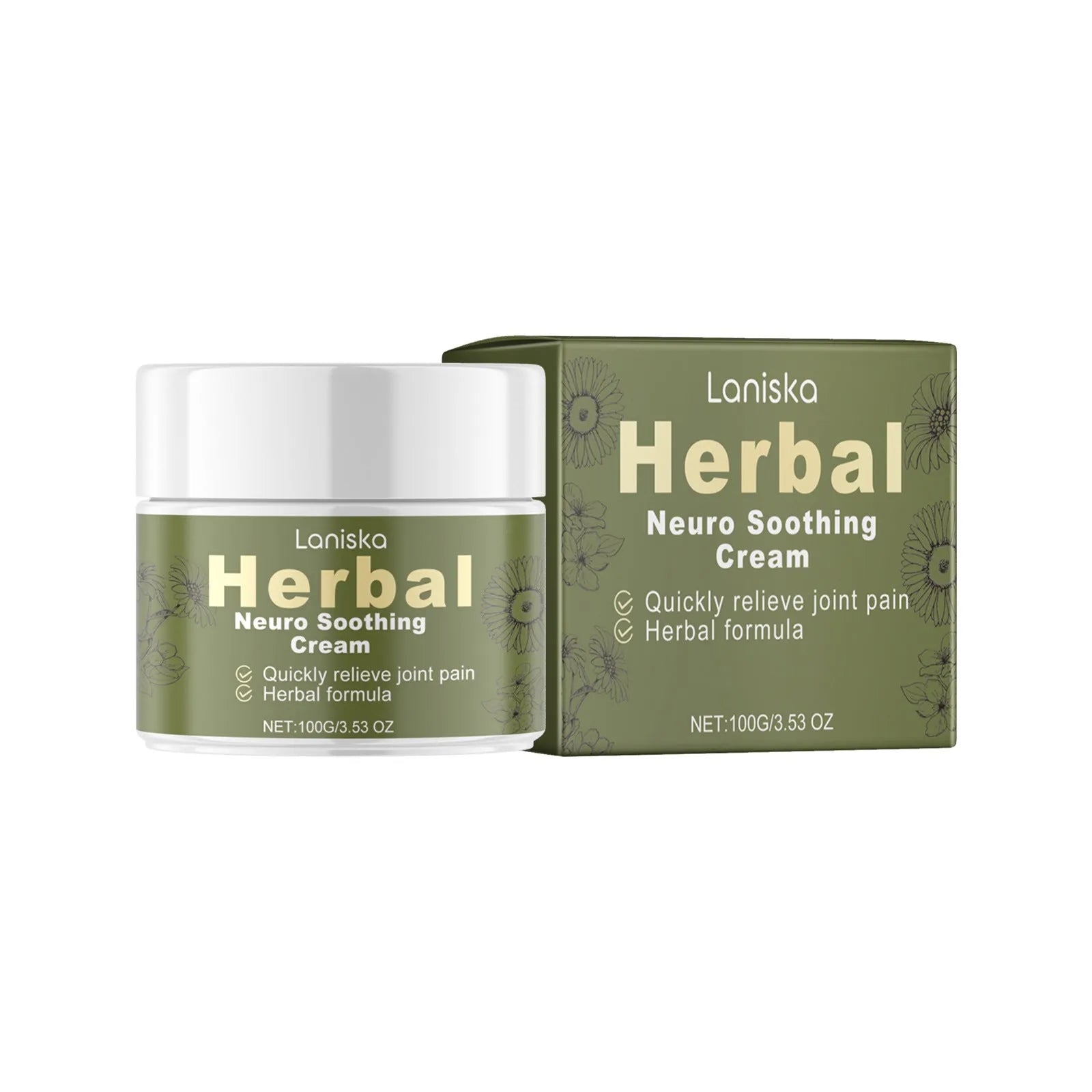 White jar of 100g external body care cream with arnica, pepper and mugwort root ingredients.