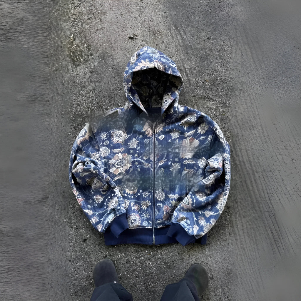 Men's blue loose fit hooded zip coat casual jacket for autumn wear