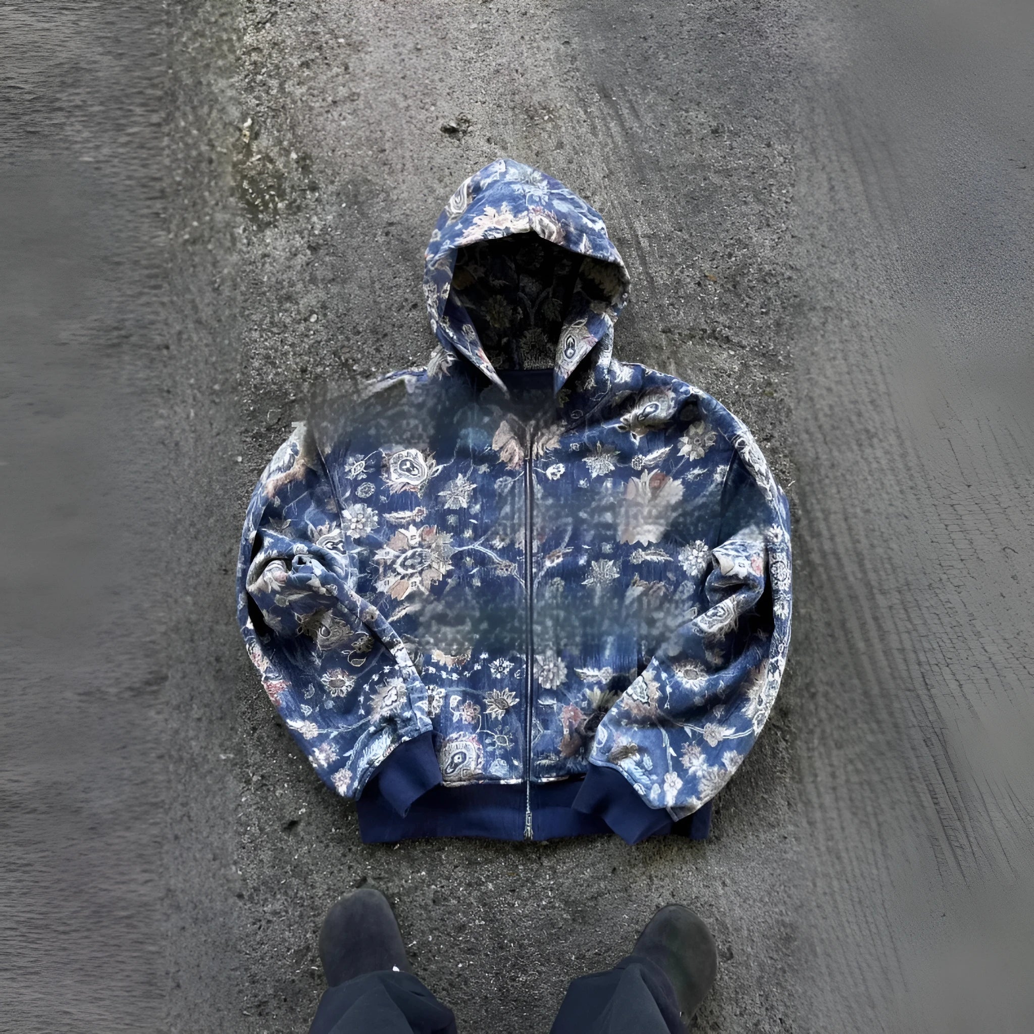 Men's blue loose fit hooded zip coat casual jacket for autumn wear