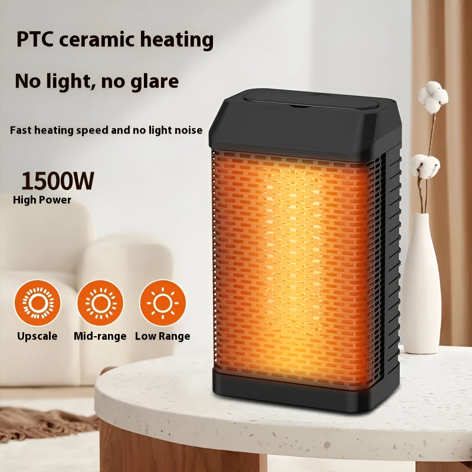 Black remote control desktop heater with oscillating louvres on a wooden desk.