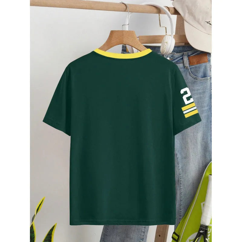 Men's loose fit green cotton t-shirt with a white digital letters print on the front.