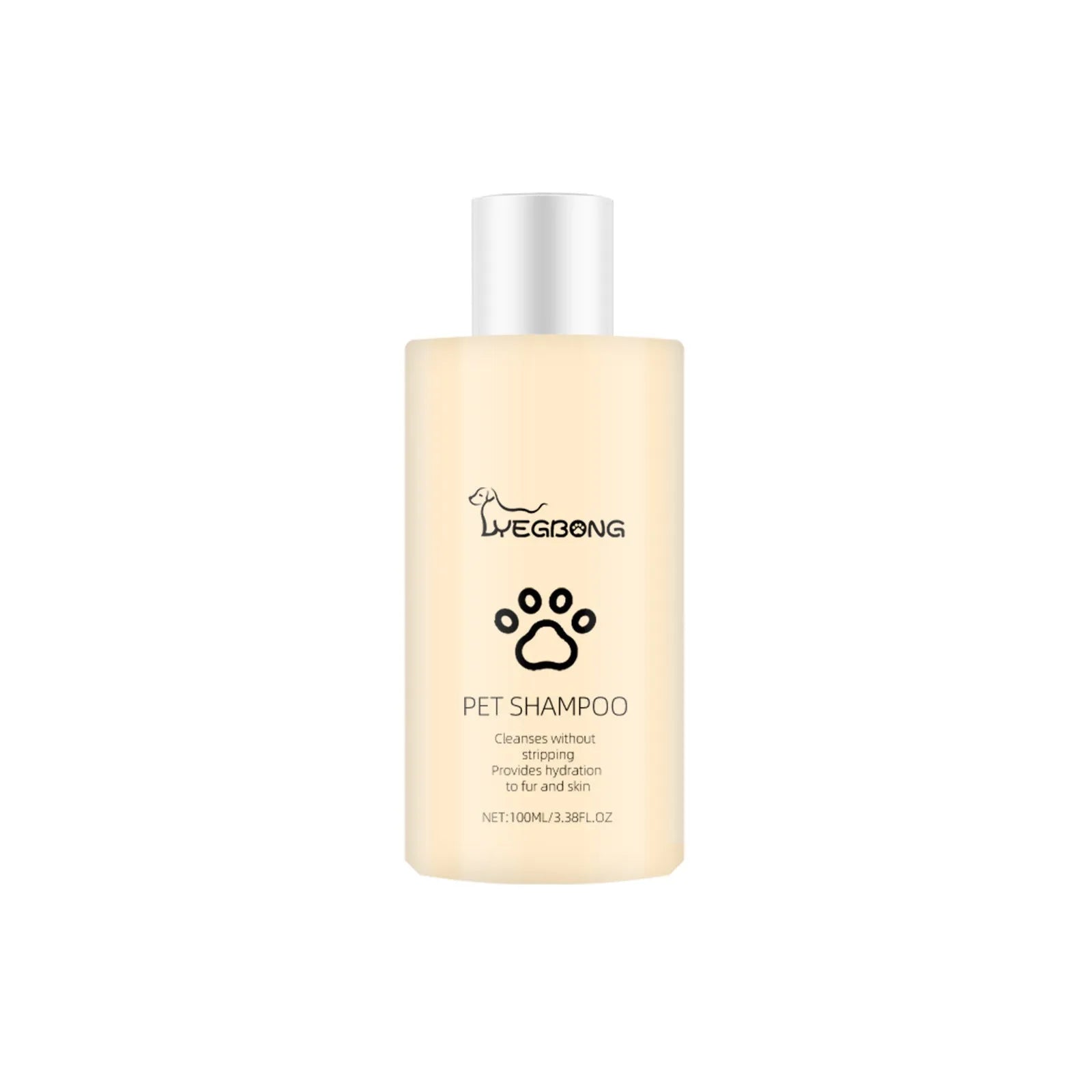 Bottle of mild pet shampoo for dogs and cats, available in 100ml and 300ml sizes.