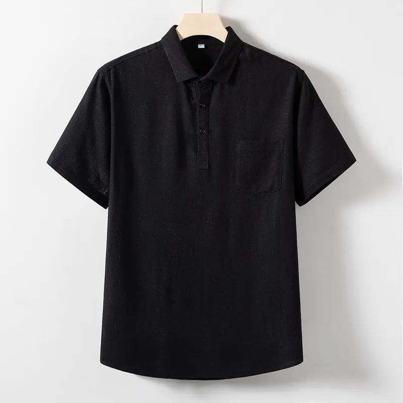Men's loose lapel linen T-shirt in hemp blend fabric available in black, optic linen and white colours