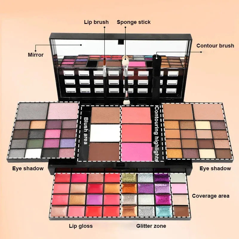 74 colour makeup palette with eyeshadows, lip glosses, face powders, brushes in plastic case