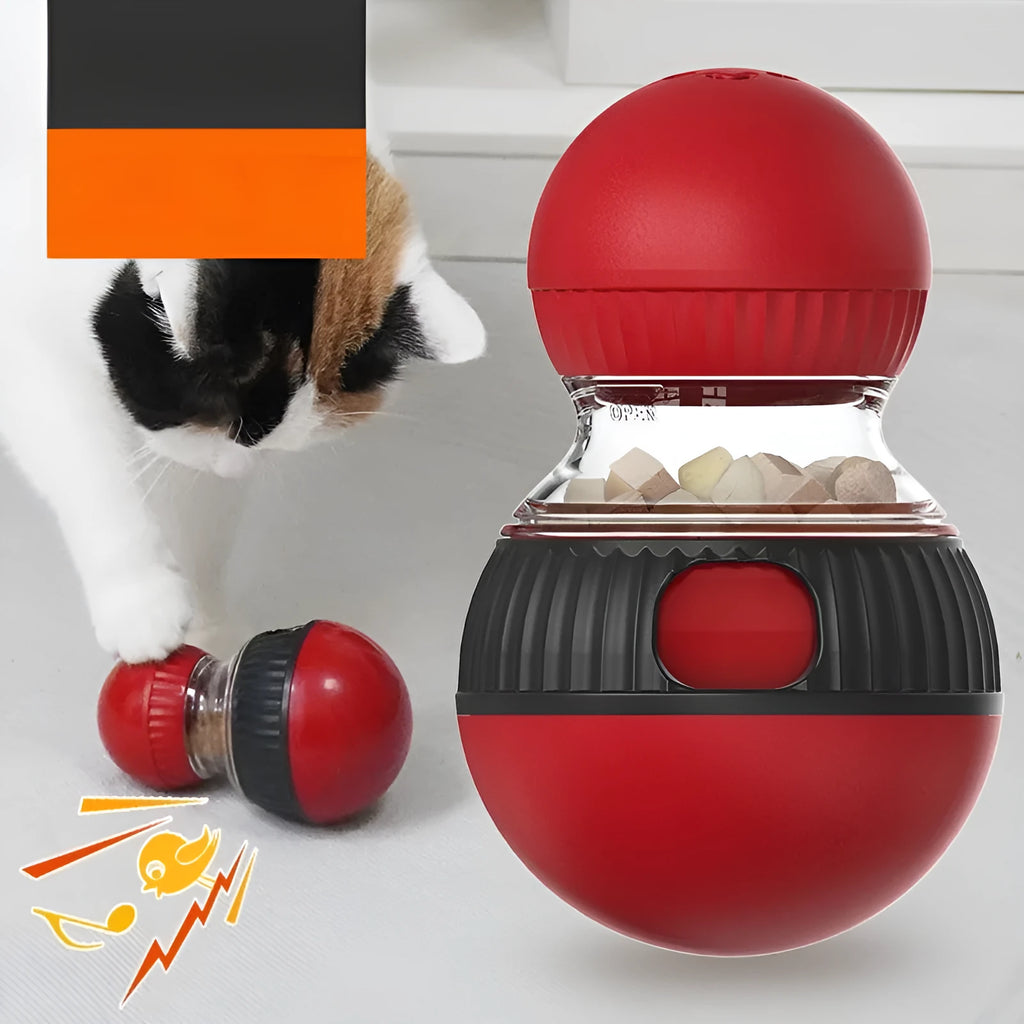 Plastic rotating cat sound ball toy with food dropping mechanism, super ball colour