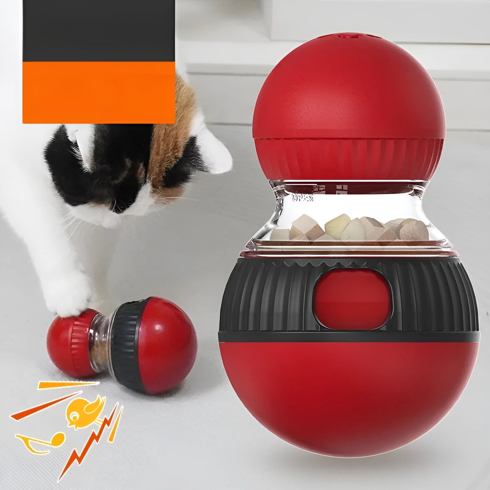 Plastic rotating cat sound ball toy with food dropping mechanism, super ball colour