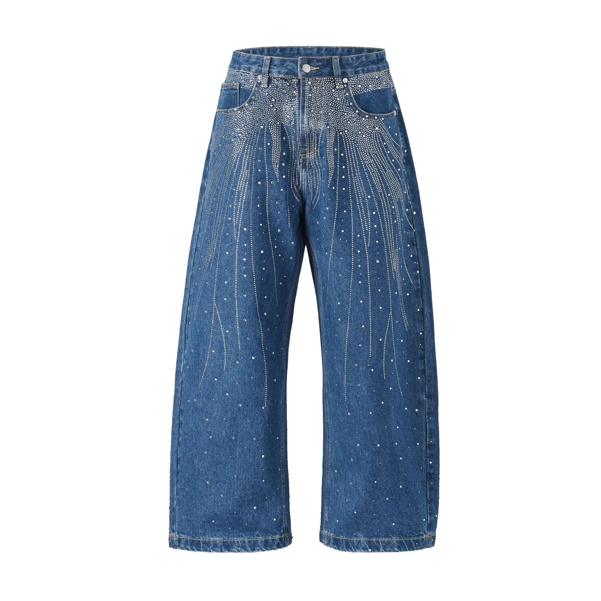 Loose-fitting wide-leg cotton trousers in blue or black, sizes 30-36, pull-on style