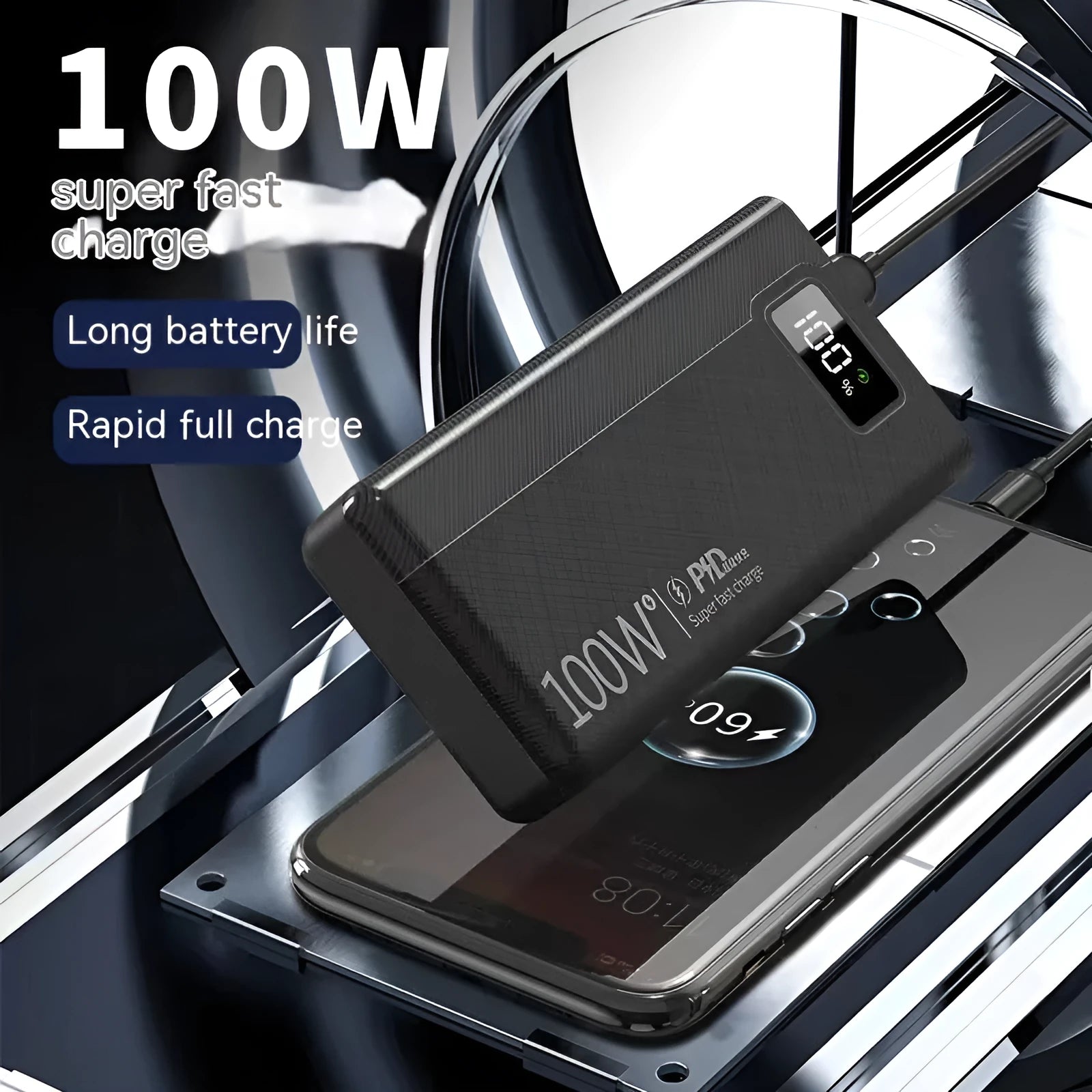Large capacity power bank in black or white plastic casing with dimensions 150mm x 76mm