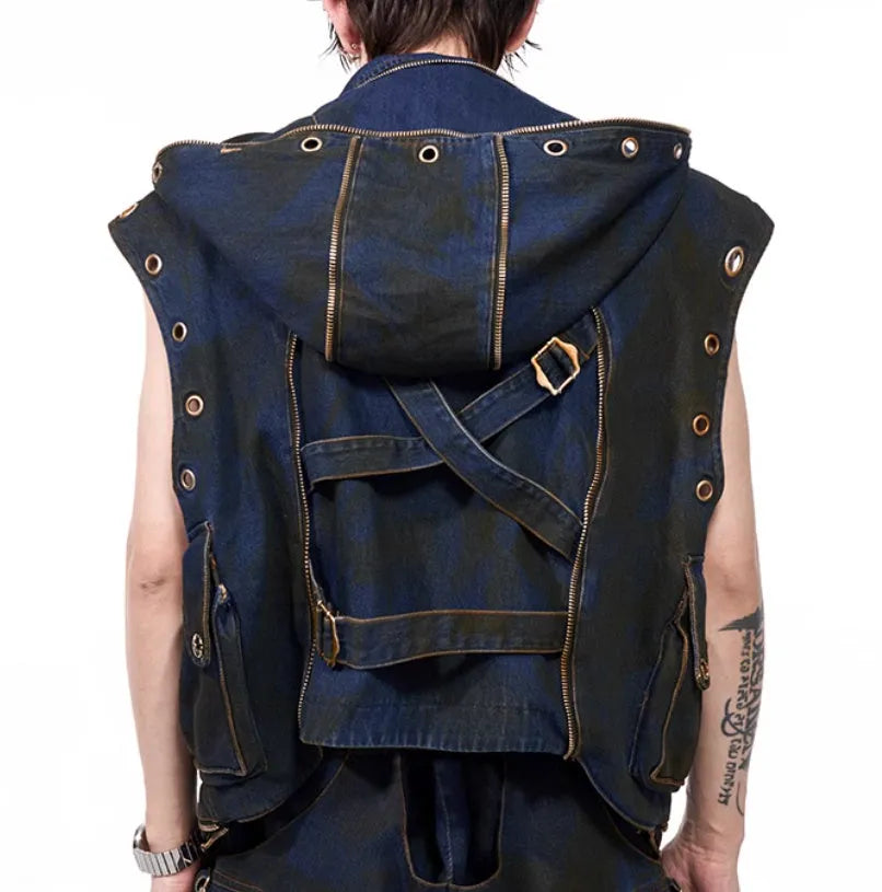 Blue Korean style hooded denim vest coat and matching trousers set on a hanger