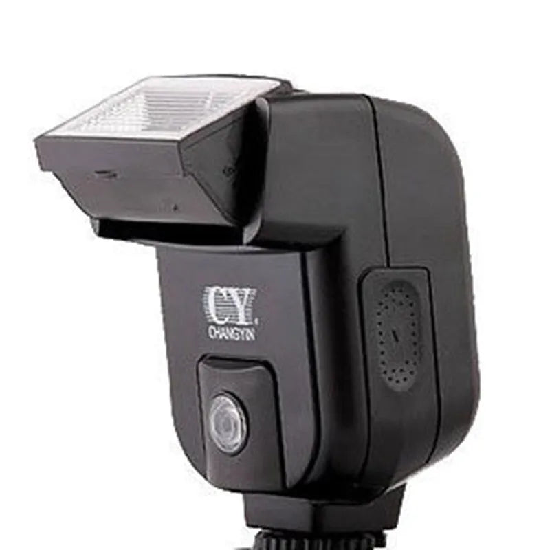 Silver hot shoe flash unit with head rotated upward, shown mounted on a DSLR camera.