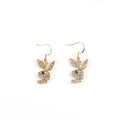 A pair of full diamond rabbit stud earrings in alloy metal, shown in silver, pink, and gold colour options.