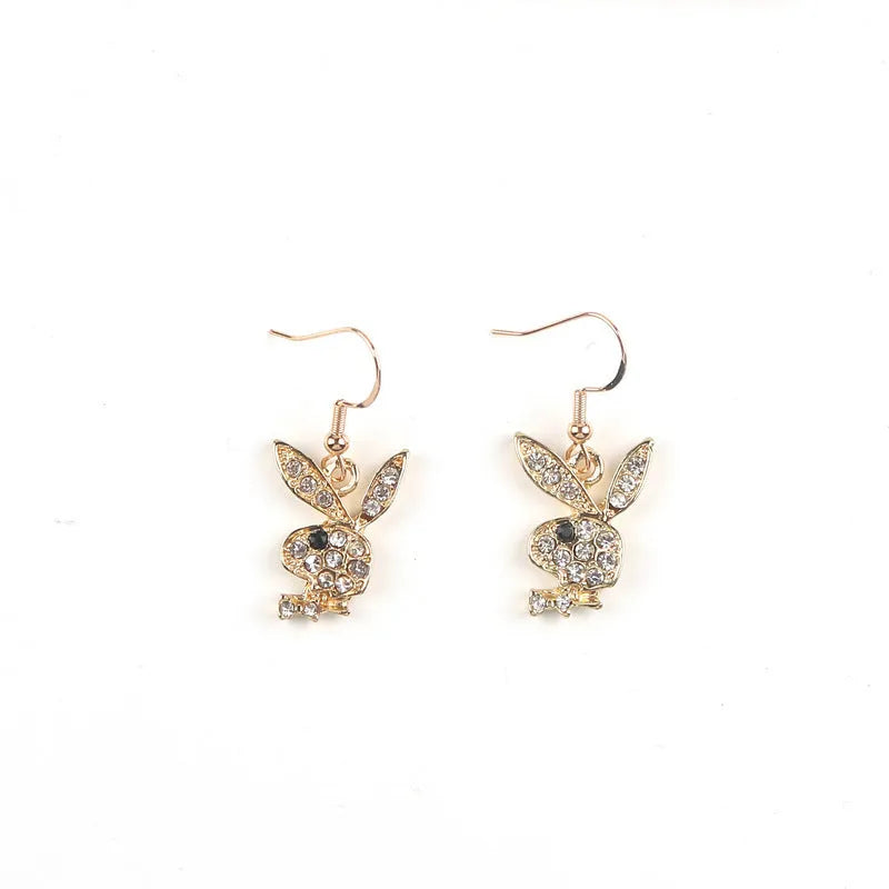 A pair of full diamond rabbit stud earrings in alloy metal, shown in silver, pink, and gold colour options.