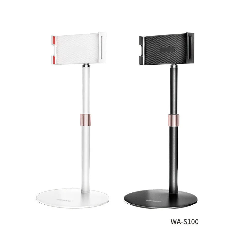 Black adjustable metal tablet bracket holding an 11-inch tablet, showing extended telescopic arm.