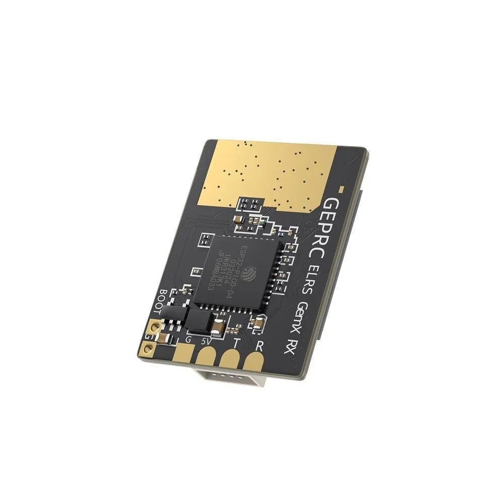 FPV drone ELRS dual-frequency receiver with metal housing, two T-shaped antennas, heat shrink tubing, and connecting wire.