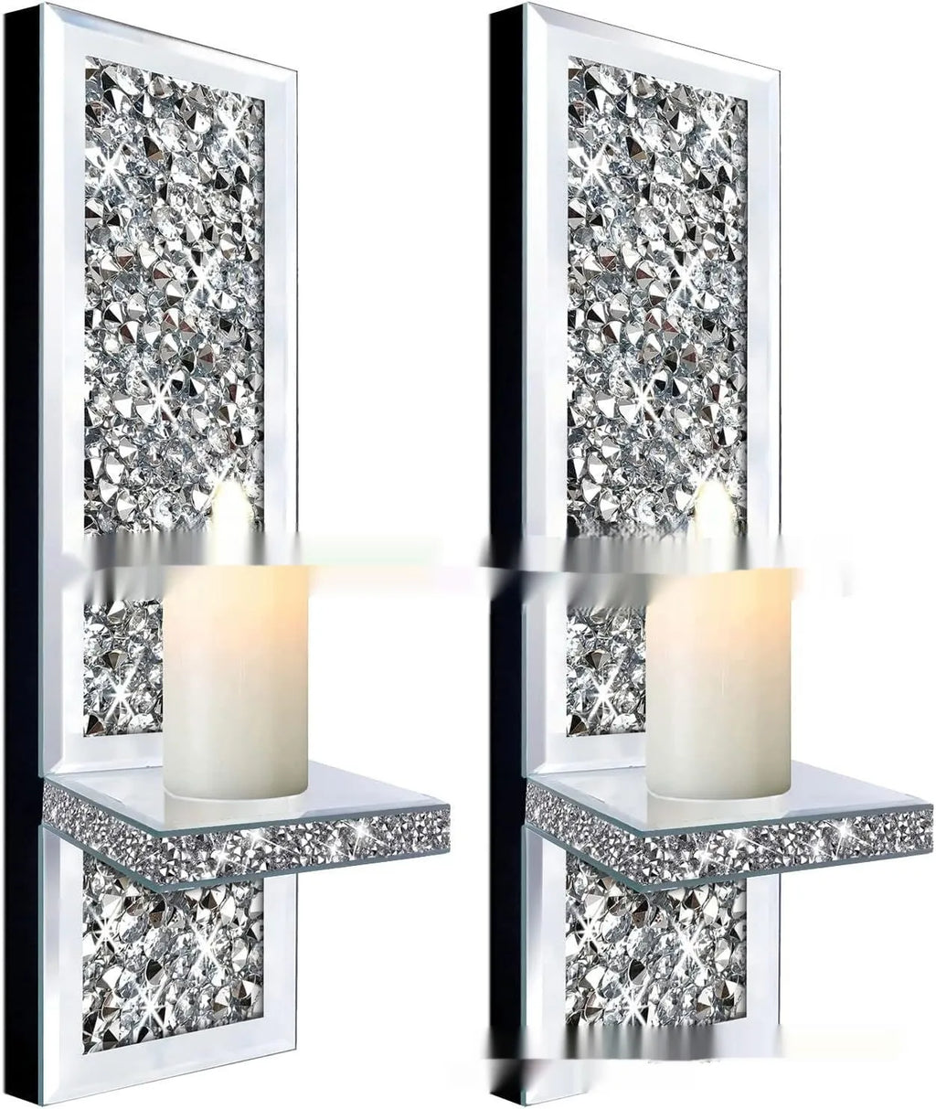 Silver mirror glass candle holder pair for wall mounting at 10x11x38cm dimensions