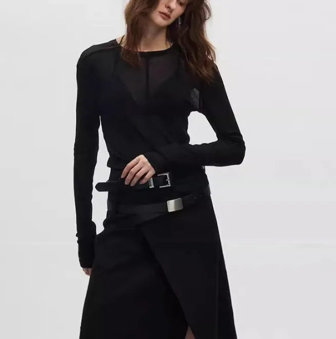 Ultra-thin mesh see-through texture slim-fit pullover in black or grey