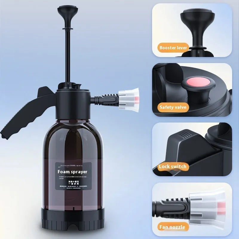 Black 2L foam watering can spray bottle with ergonomic handle and switch lock for car and household use.