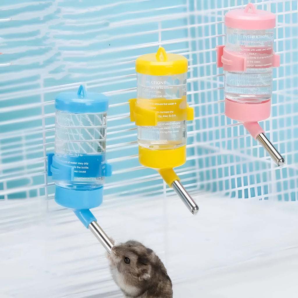 Plastic pet water feeder bottle in assorted colours with ball drinking valve and glass tube.
