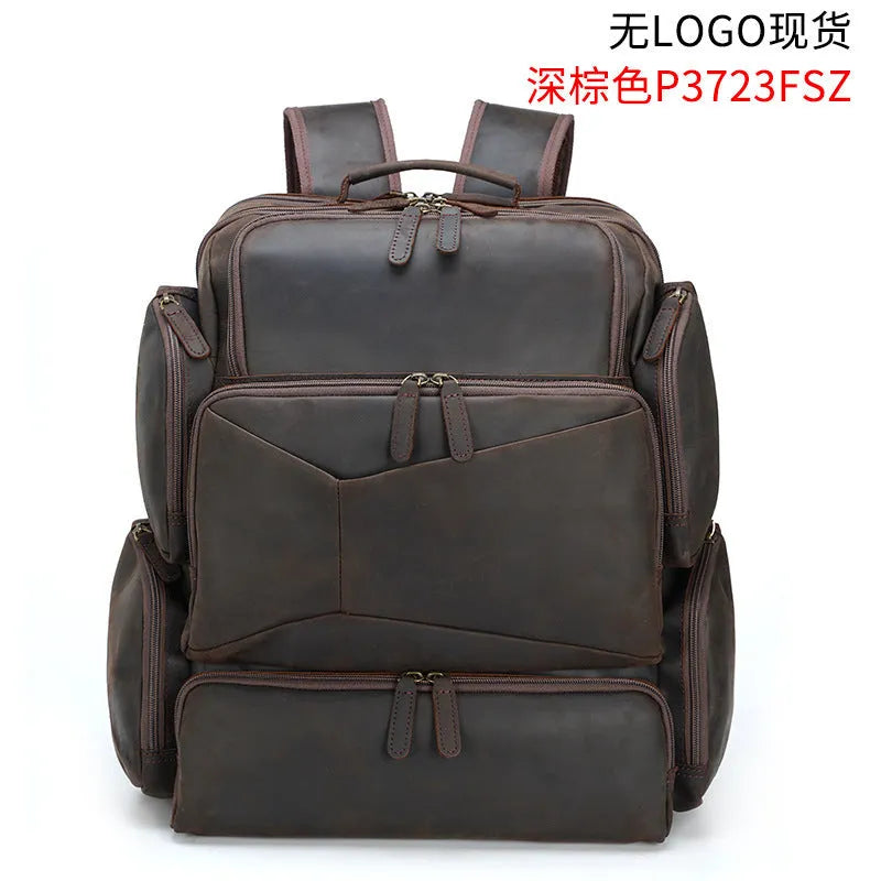 Dark brown retro leather backpack for men showing front view and open compartments.