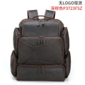Dark brown retro leather backpack for men showing front view and open compartments.
