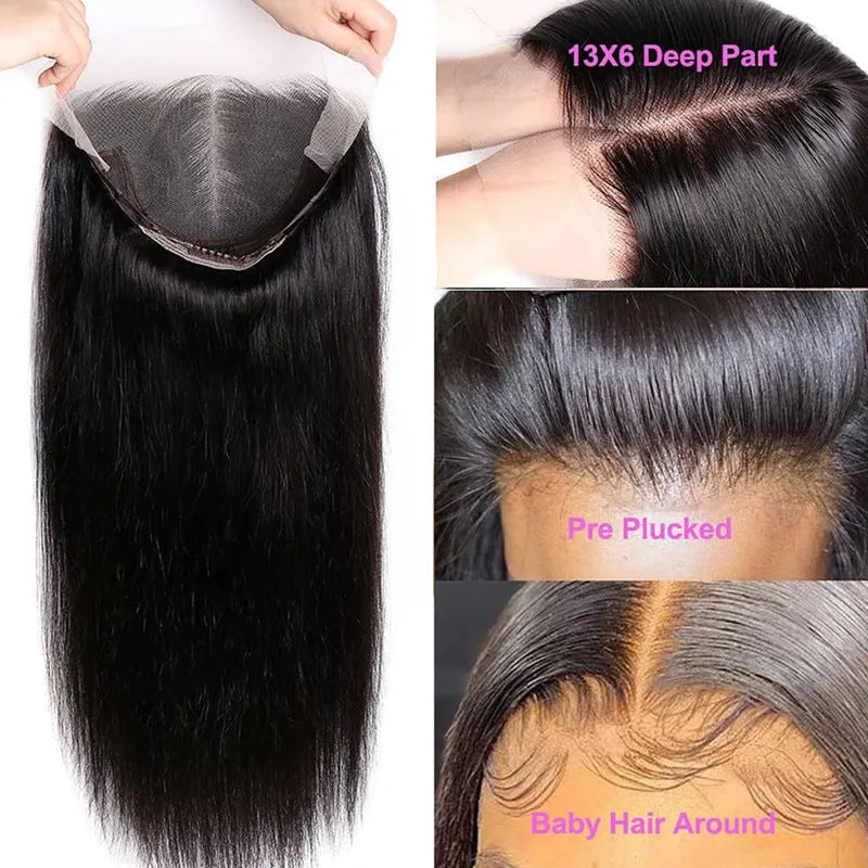 Straight black human hair wig with HD transparent lace front in 13x6 size