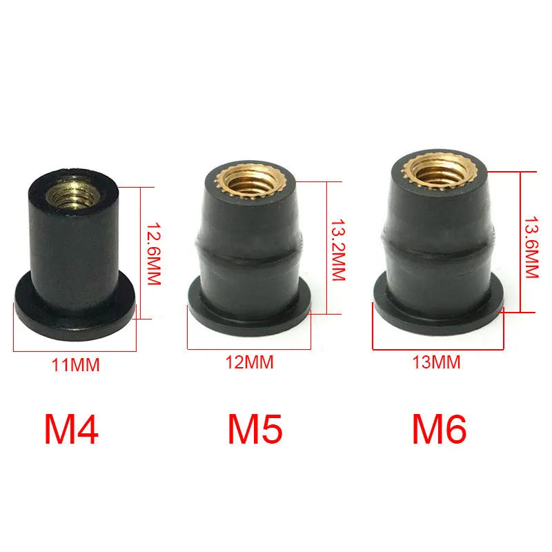 Black motorcycle rubber expansion nuts with brass threads in M4 M5 M6 sizes, set of 10 pieces.