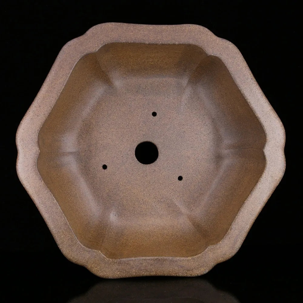 Large handmade hexagonal purple sand clay plant pot for indoor bonsai and succulent growing.
